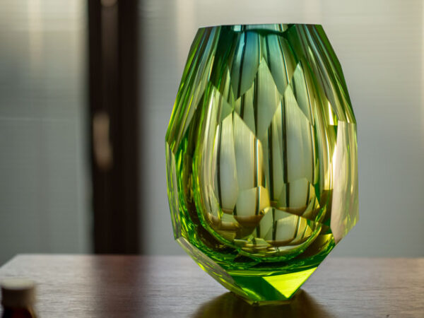 tall blue uranium faceted vase made in crystal blue uranium glass